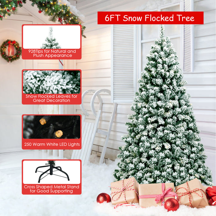 6ft Pre-lit Snow Flocked Christmas Tree Hinged Pine Tree Holiday Decoration Image 10