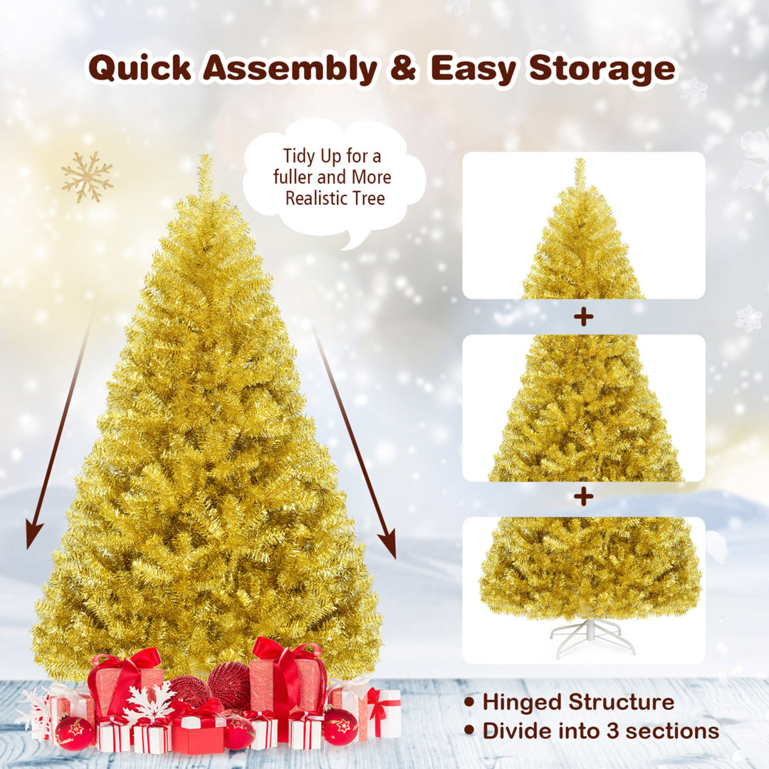 6FT Tinsel Christmas Tree Artificial Hinged w/ Metal Stand Champagne Gold Image 8