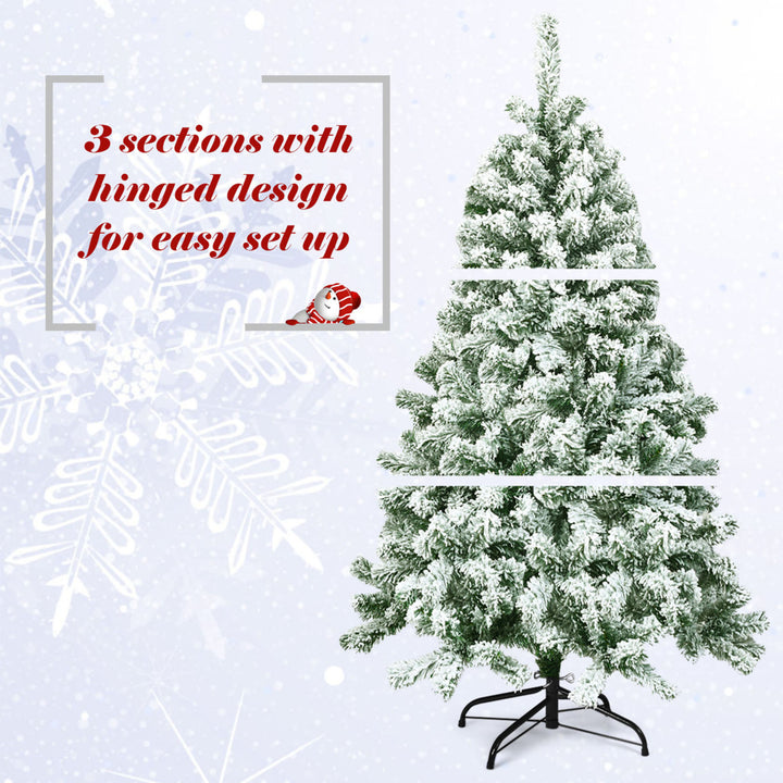 4.5ft Snow Flocked Christmas Tree Hinged Artificial Pine Tree w/ Metal Stand Image 9