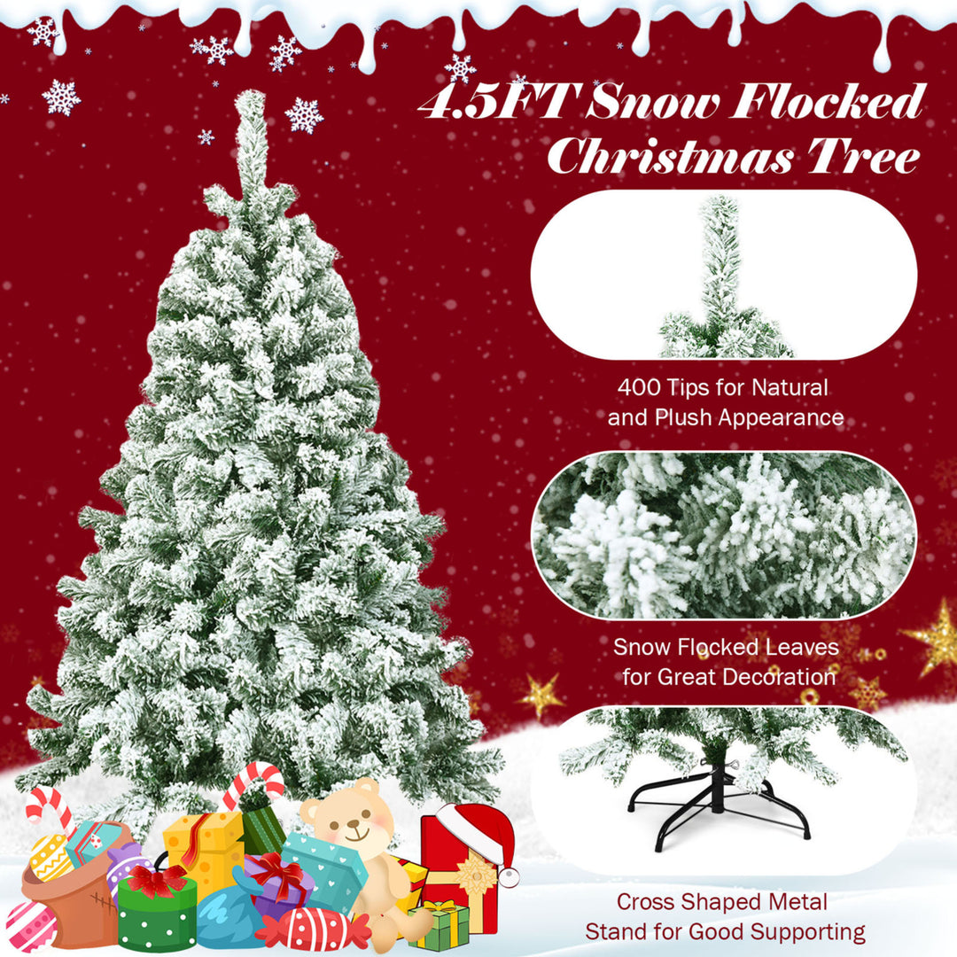 4.5ft Snow Flocked Christmas Tree Hinged Artificial Pine Tree w/ Metal Stand Image 10