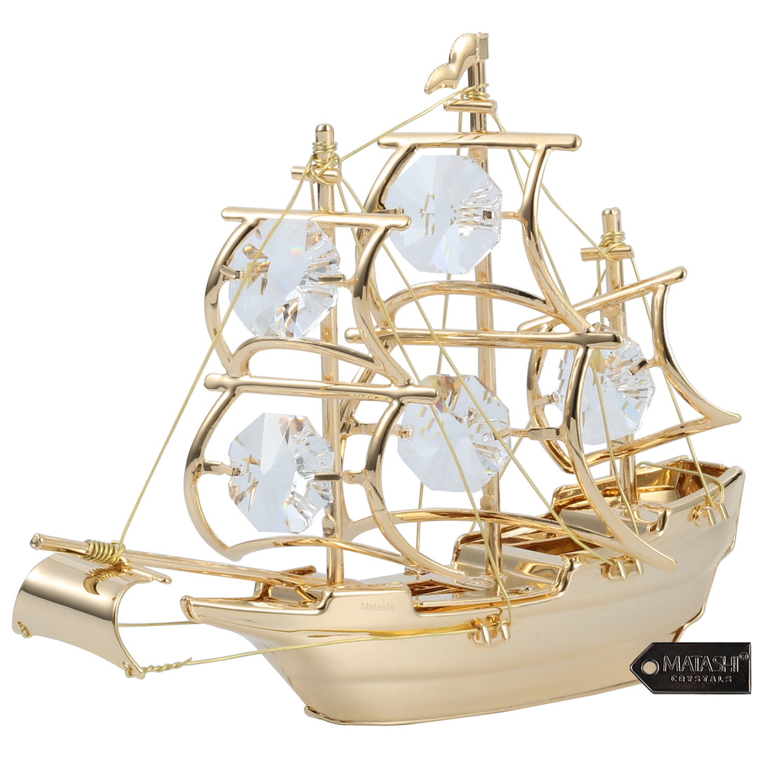 Matashi 24K Gold Plated Clear Crystal Studded Mayflower Sailing Ship Ornament Image 1