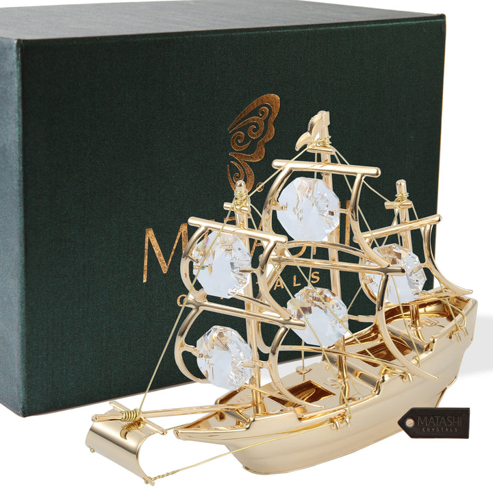 Matashi 24K Gold Plated Clear Crystal Studded Mayflower Sailing Ship Ornament Image 2