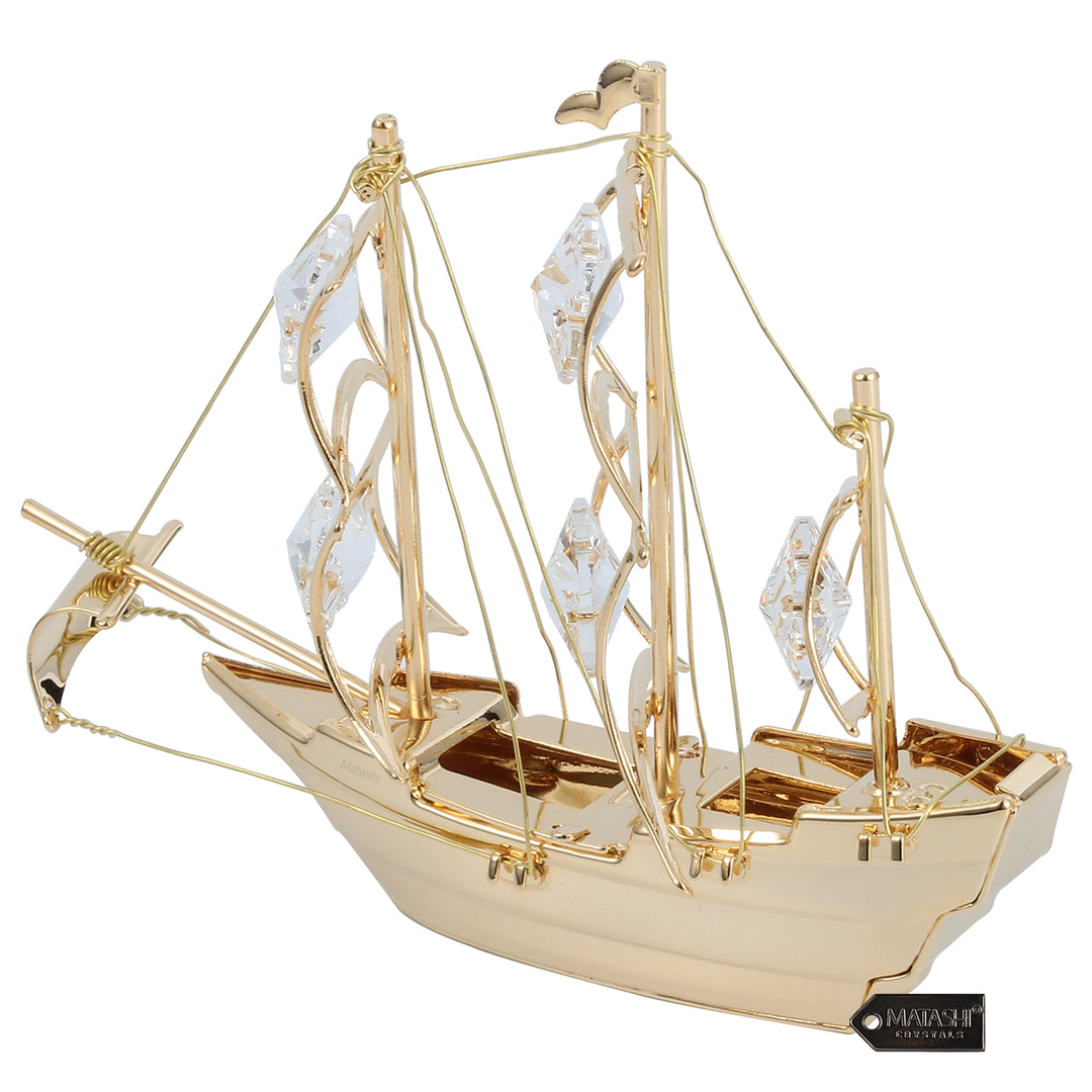 Matashi 24K Gold Plated Clear Crystal Studded Mayflower Sailing Ship Ornament Image 4