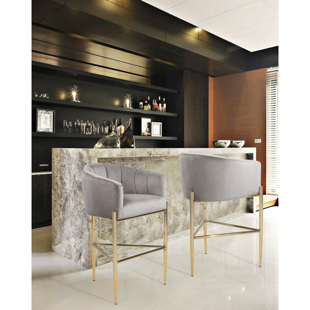 Ardee Bar Stool Chair Velvet Upholstered Shelter Arm Shell Design 3 Legged Gold Tone Solid Metal Base Image 2