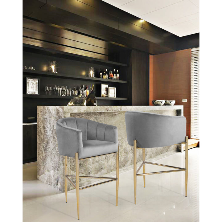 Ardee Bar Stool Chair Velvet Upholstered Shelter Arm Shell Design 3 Legged Gold Tone Solid Metal Base Image 3