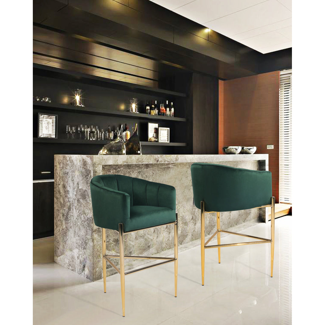Ardee Bar Stool Chair Velvet Upholstered Shelter Arm Shell Design 3 Legged Gold Tone Solid Metal Base Image 4