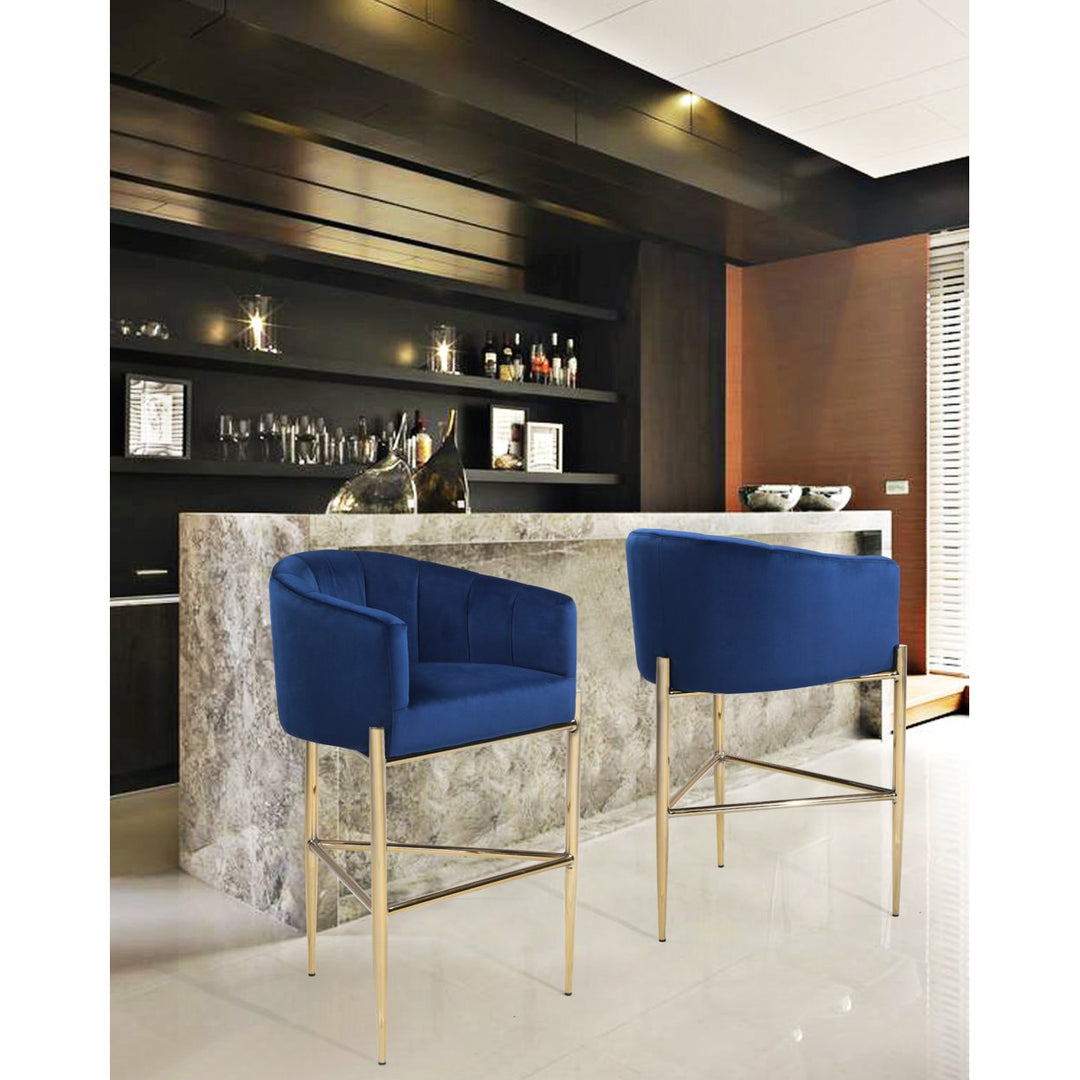 Ardee Bar Stool Chair Velvet Upholstered Shelter Arm Shell Design 3 Legged Gold Tone Solid Metal Base Image 1