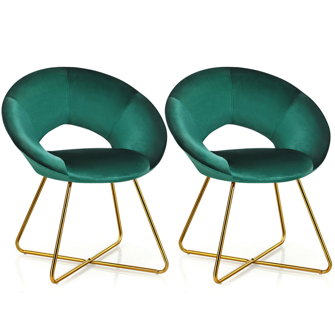 Gymax Set of 2 Accent Velvet Chairs Dining Chairs Arm Chair w/Golden Legs Dark Green Image 1