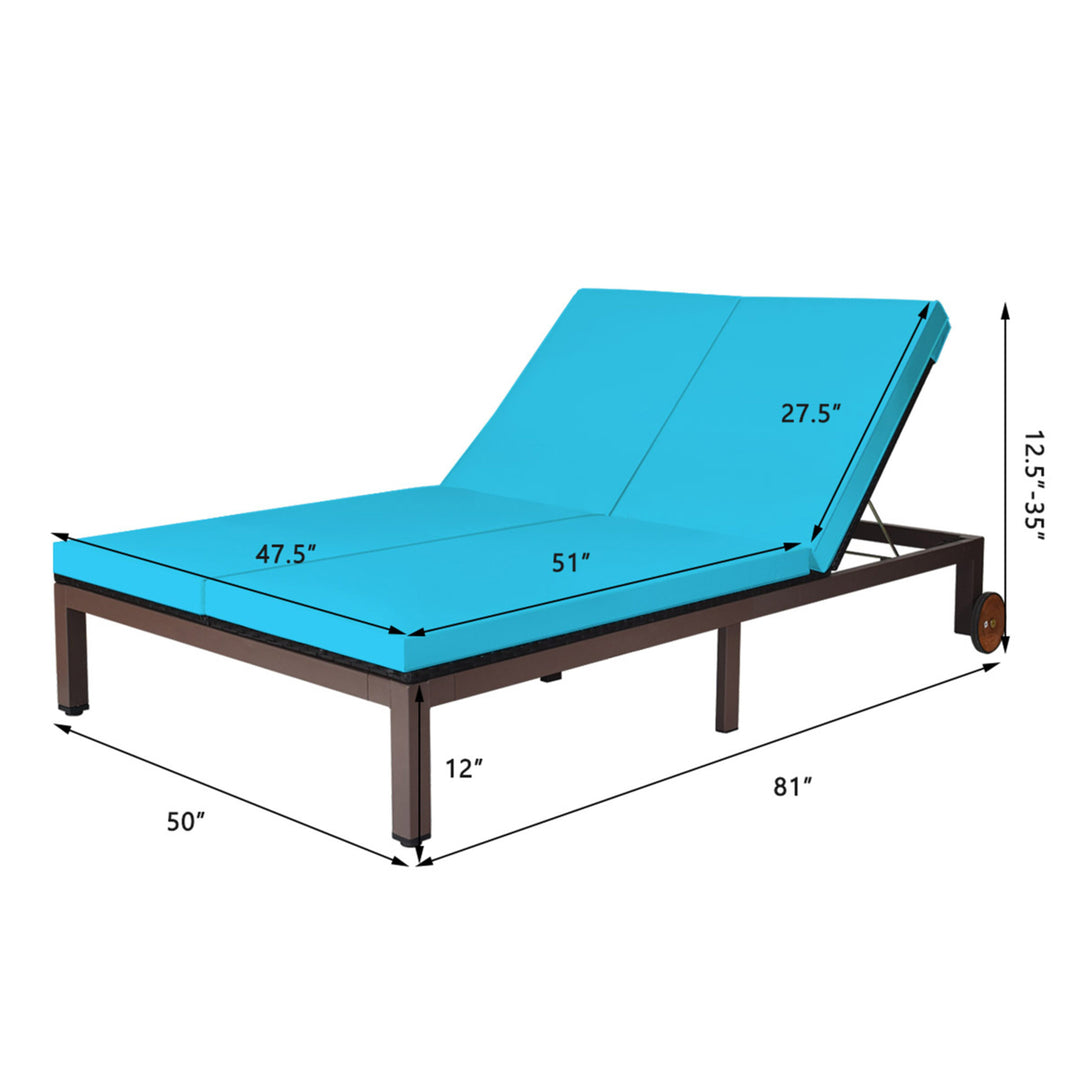 Adjustable Patio Rattan 2 Person Recliner Lounge Chair w/ Turquoise Cushion Wheel Image 3