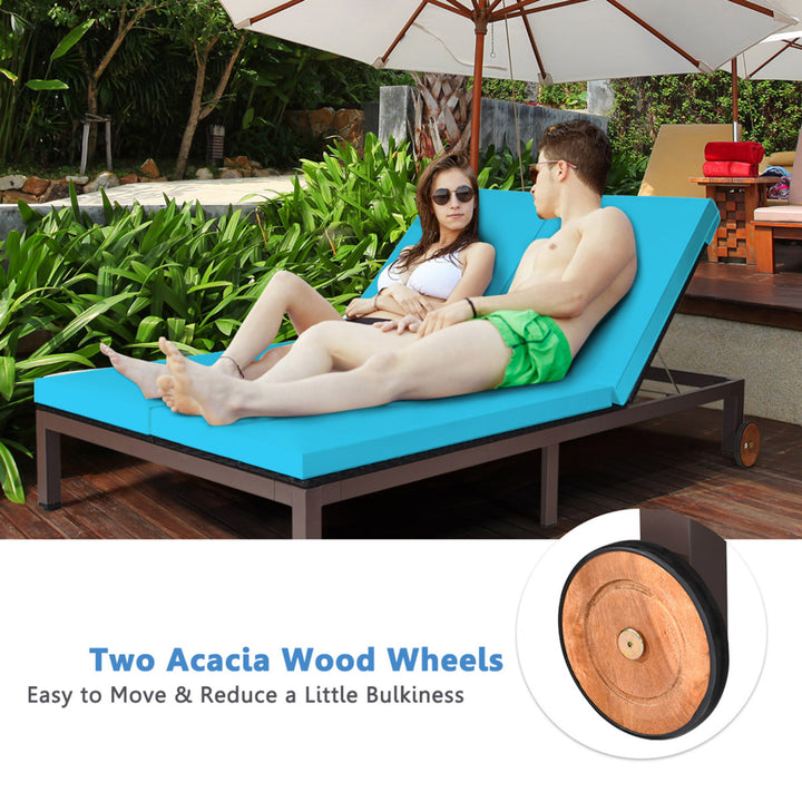 Adjustable Patio Rattan 2 Person Recliner Lounge Chair w/ Turquoise Cushion Wheel Image 7