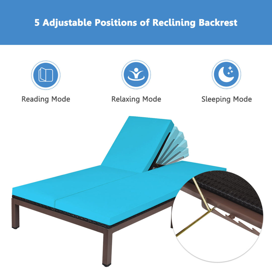 Adjustable Patio Rattan 2 Person Recliner Lounge Chair w/ Turquoise Cushion Wheel Image 9