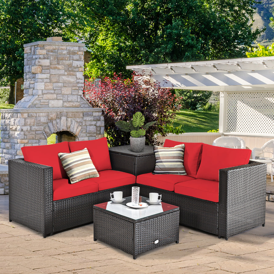 4PCS Cushioned Rattan Patio Conversation Set w/ Side Table Red Cushion Image 1