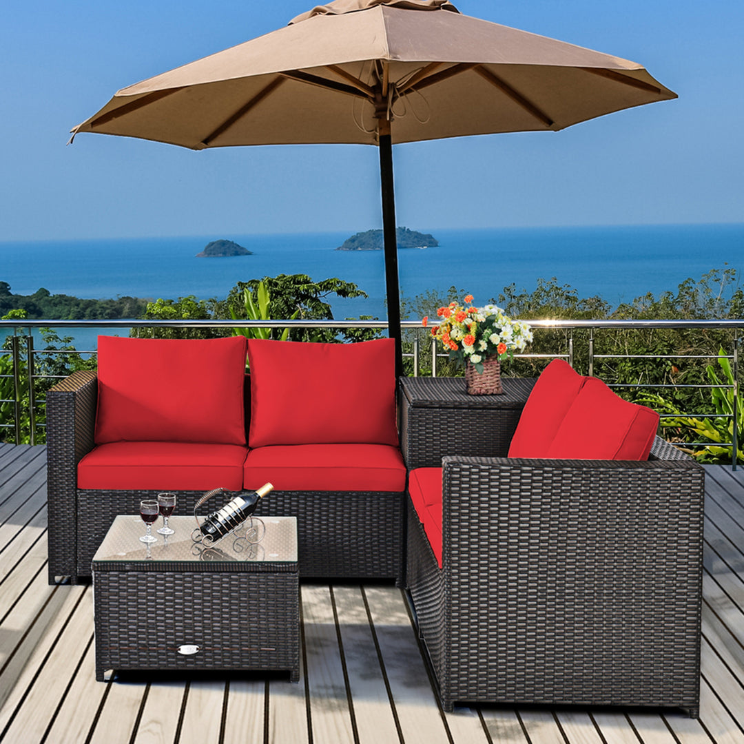 4PCS Cushioned Rattan Patio Conversation Set w/ Side Table Red Cushion Image 3