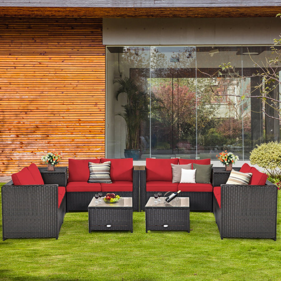 8PCS Cushioned Rattan Patio Conversation Set w/ Side Table Red Cushion Image 1