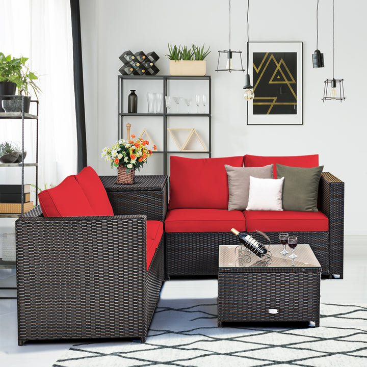 4PCS Cushioned Rattan Patio Conversation Set w/ Side Table Red Cushion Image 4