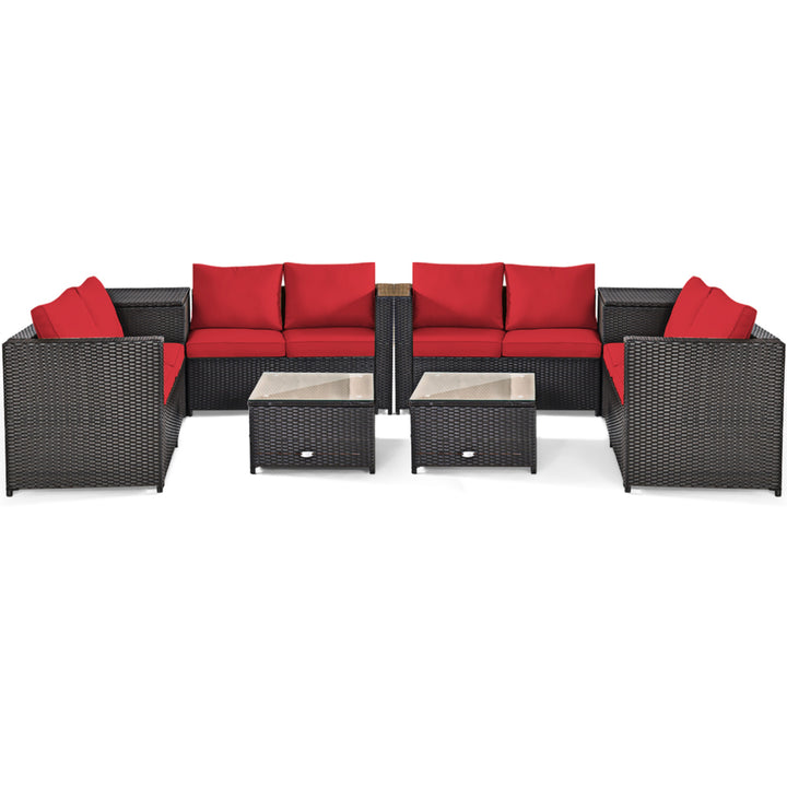 8PCS Cushioned Rattan Patio Conversation Set w/ Side Table Red Cushion Image 2