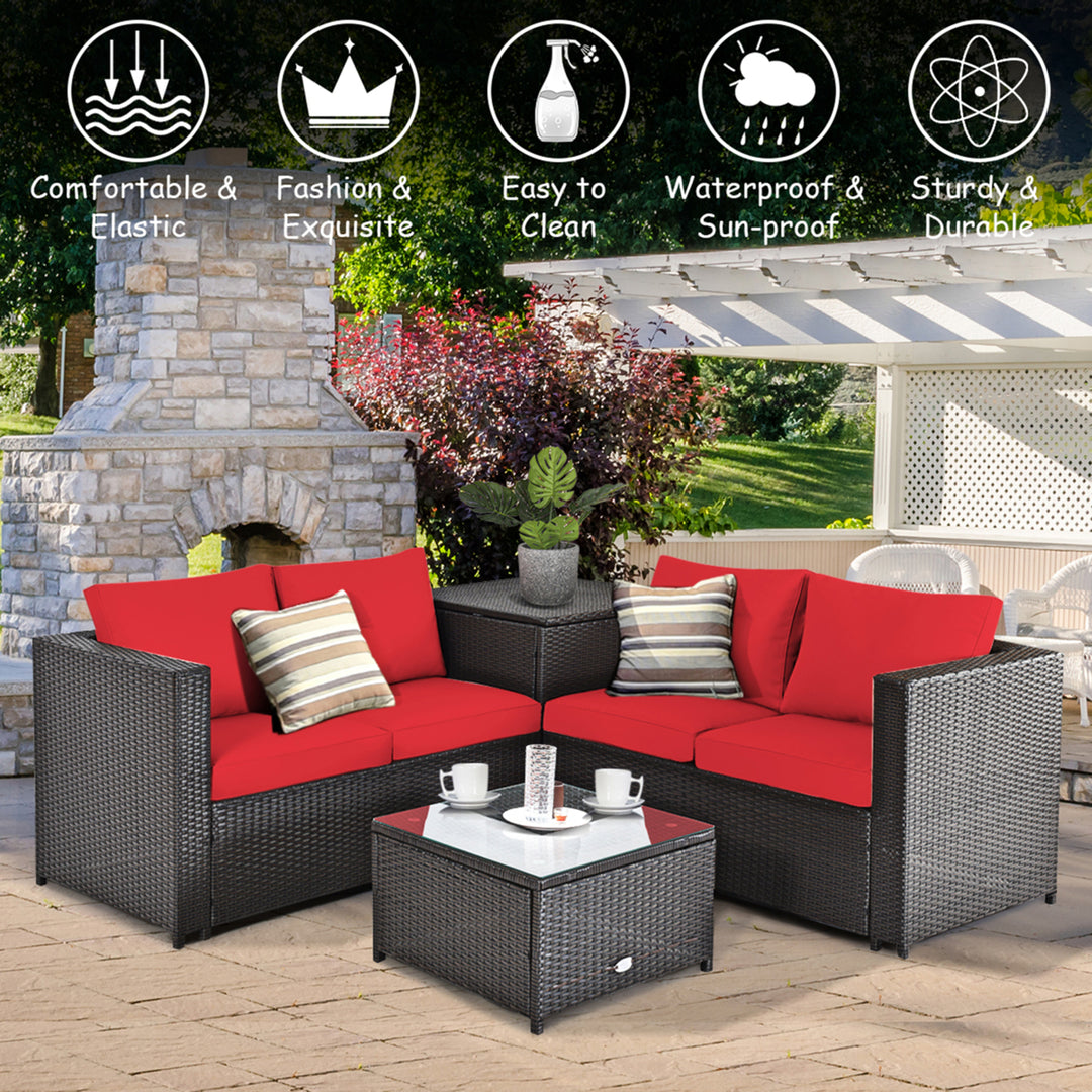 4PCS Cushioned Rattan Patio Conversation Set w/ Side Table Red Cushion Image 7