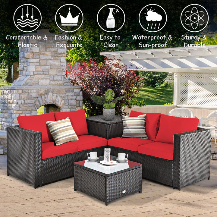 4PCS Cushioned Rattan Patio Conversation Set w/ Side Table Red Cushion Image 7