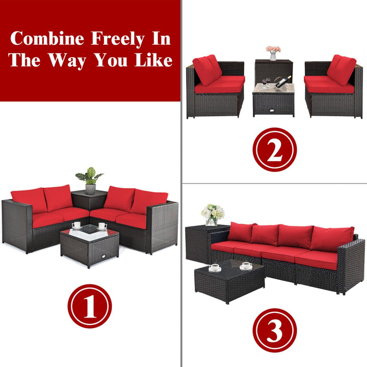 4PCS Cushioned Rattan Patio Conversation Set w/ Side Table Red Cushion Image 8