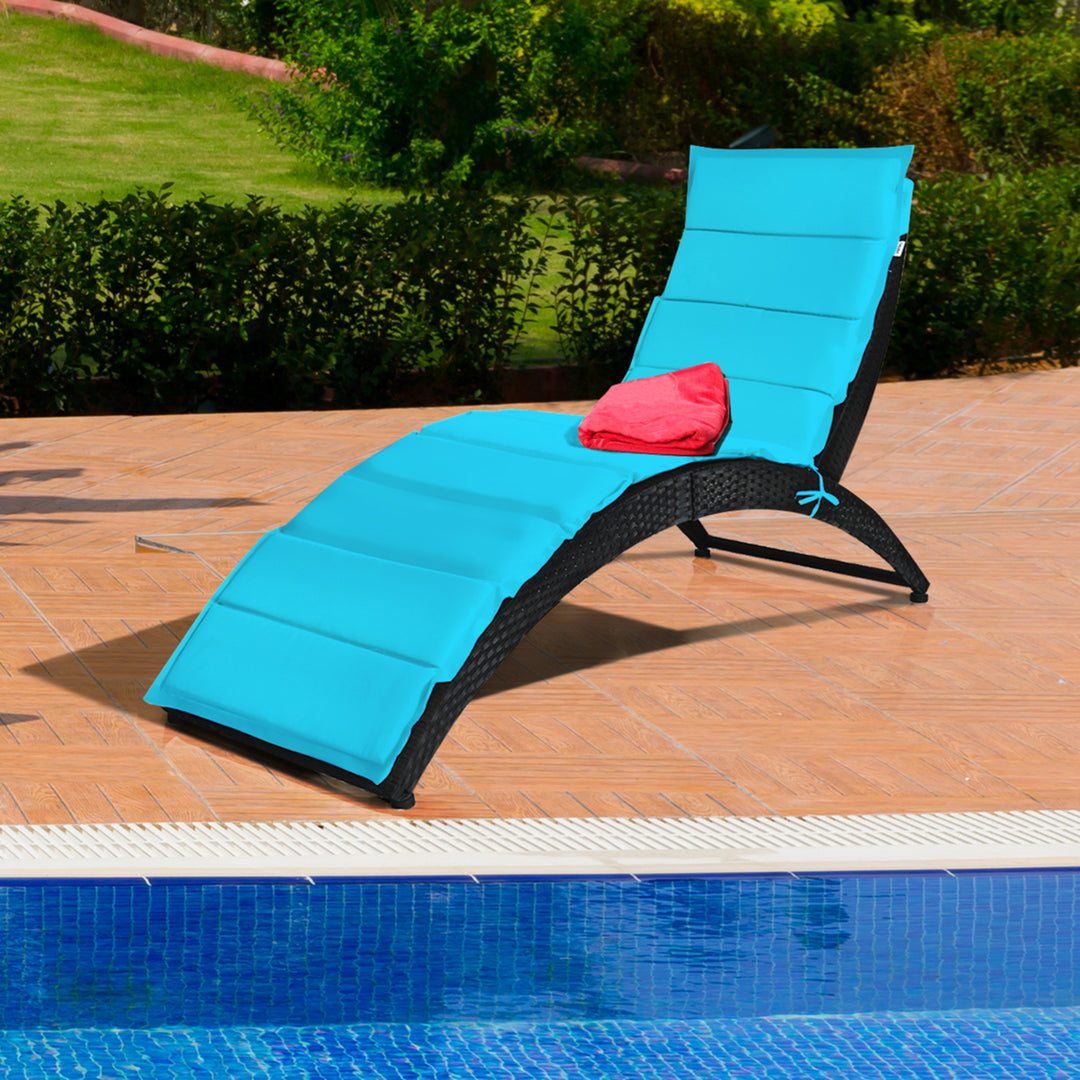 Foldable Rattan Wicker Chaise Lounge Chair w/ Turquoise Cushion Patio Outdoor Image 1