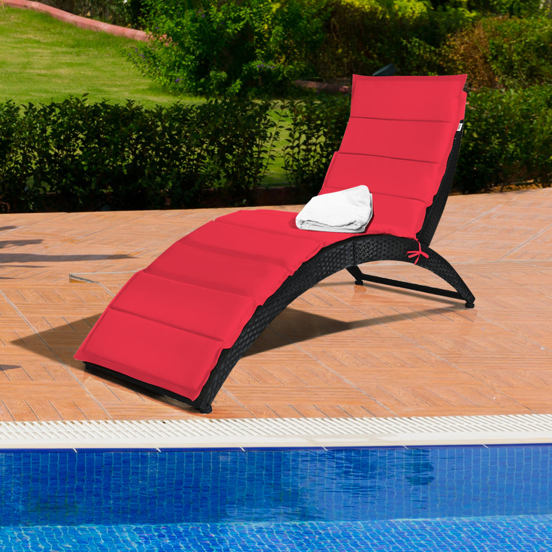 Foldable Rattan Wicker Chaise Lounge Chair w/ Red Cushion Patio Outdoor Image 1