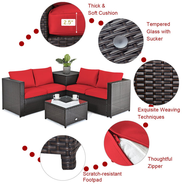 8PCS Cushioned Rattan Patio Conversation Set w/ Side Table Red Cushion Image 10