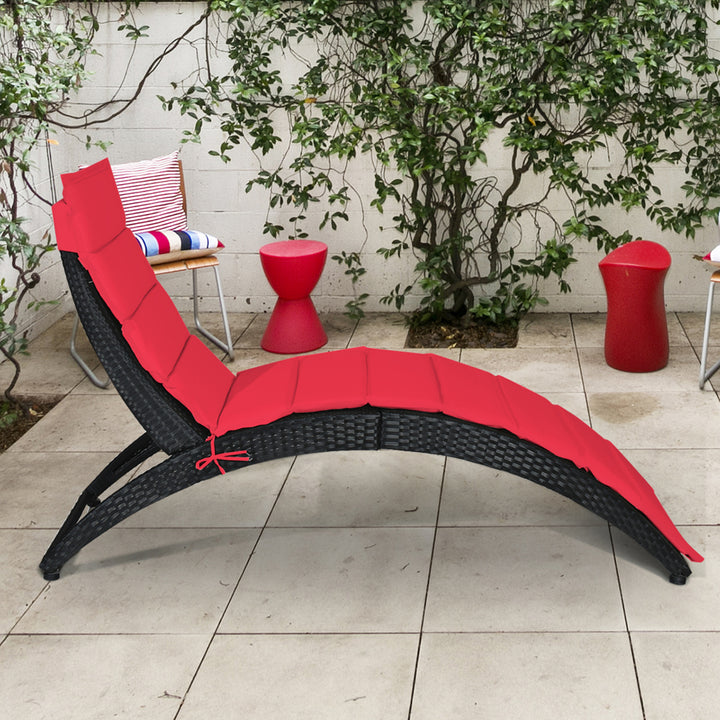 Foldable Rattan Wicker Chaise Lounge Chair w/ Red Cushion Patio Outdoor Image 3