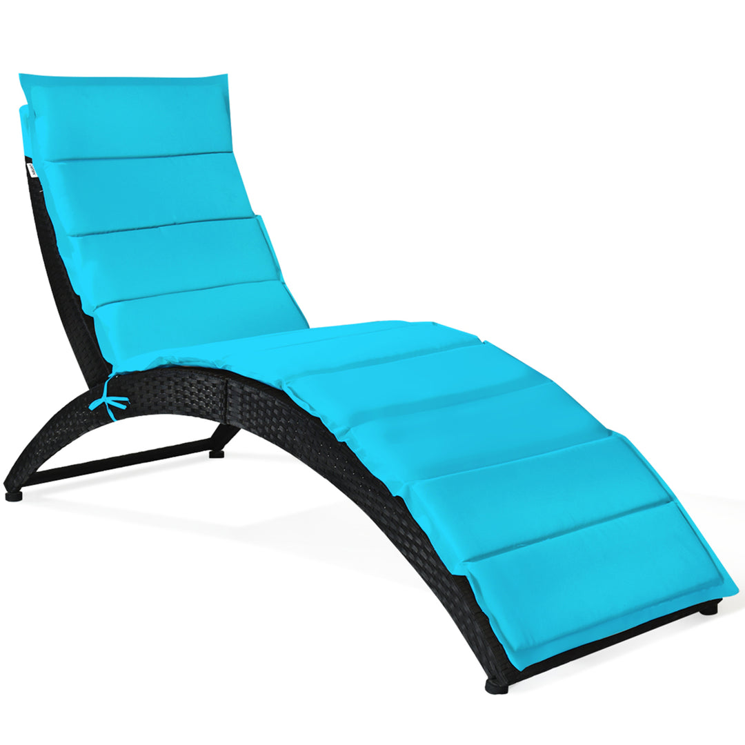 Foldable Rattan Wicker Chaise Lounge Chair w/ Turquoise Cushion Patio Outdoor Image 2