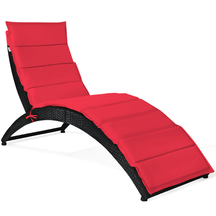 Foldable Rattan Wicker Chaise Lounge Chair w/ Red Cushion Patio Outdoor Image 2