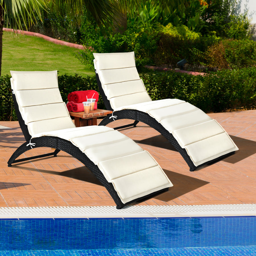 2PCS Foldable Rattan Wicker Chaise Lounge Chair w/ Cushion Patio Outdoor Image 1