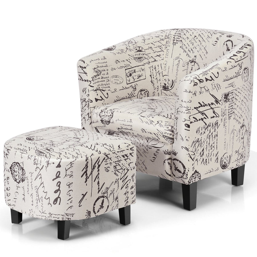 Barrel Modern Accent Tub Upholstered Chair French Print w/ Ottoman Image 1