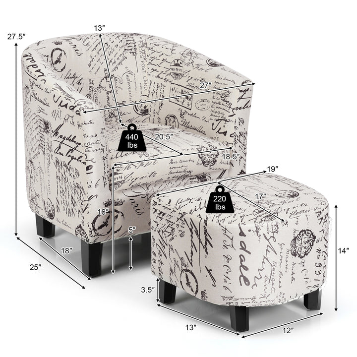 Barrel Modern Accent Tub Upholstered Chair French Print w/ Ottoman Image 2