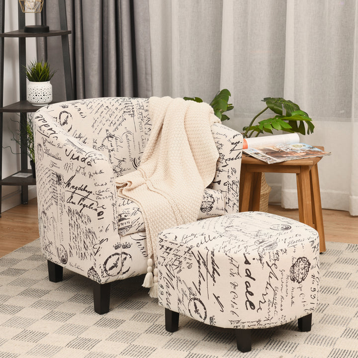 Barrel Modern Accent Tub Upholstered Chair French Print w/ Ottoman Image 3