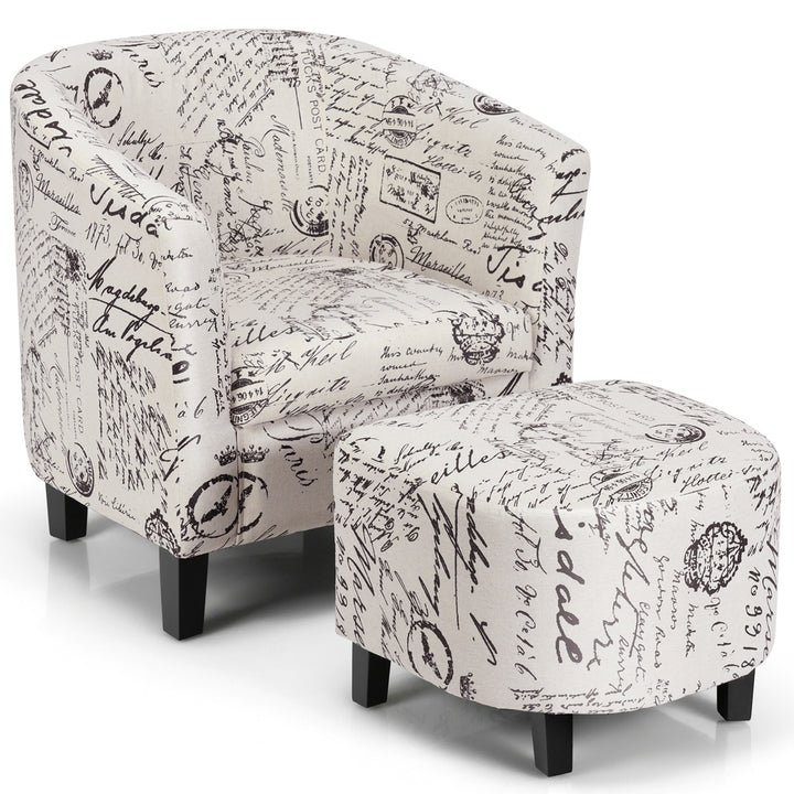 Barrel Modern Accent Tub Upholstered Chair French Print w/ Ottoman Image 4