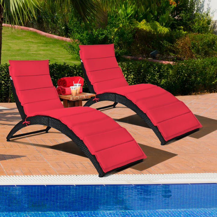 2PCS Foldable Rattan Wicker Chaise Lounge Chair w/ Red Cushion Patio Outdoor Image 1