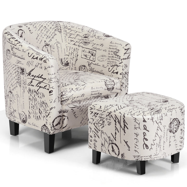 Barrel Modern Accent Tub Upholstered Chair French Print w/ Ottoman Image 5