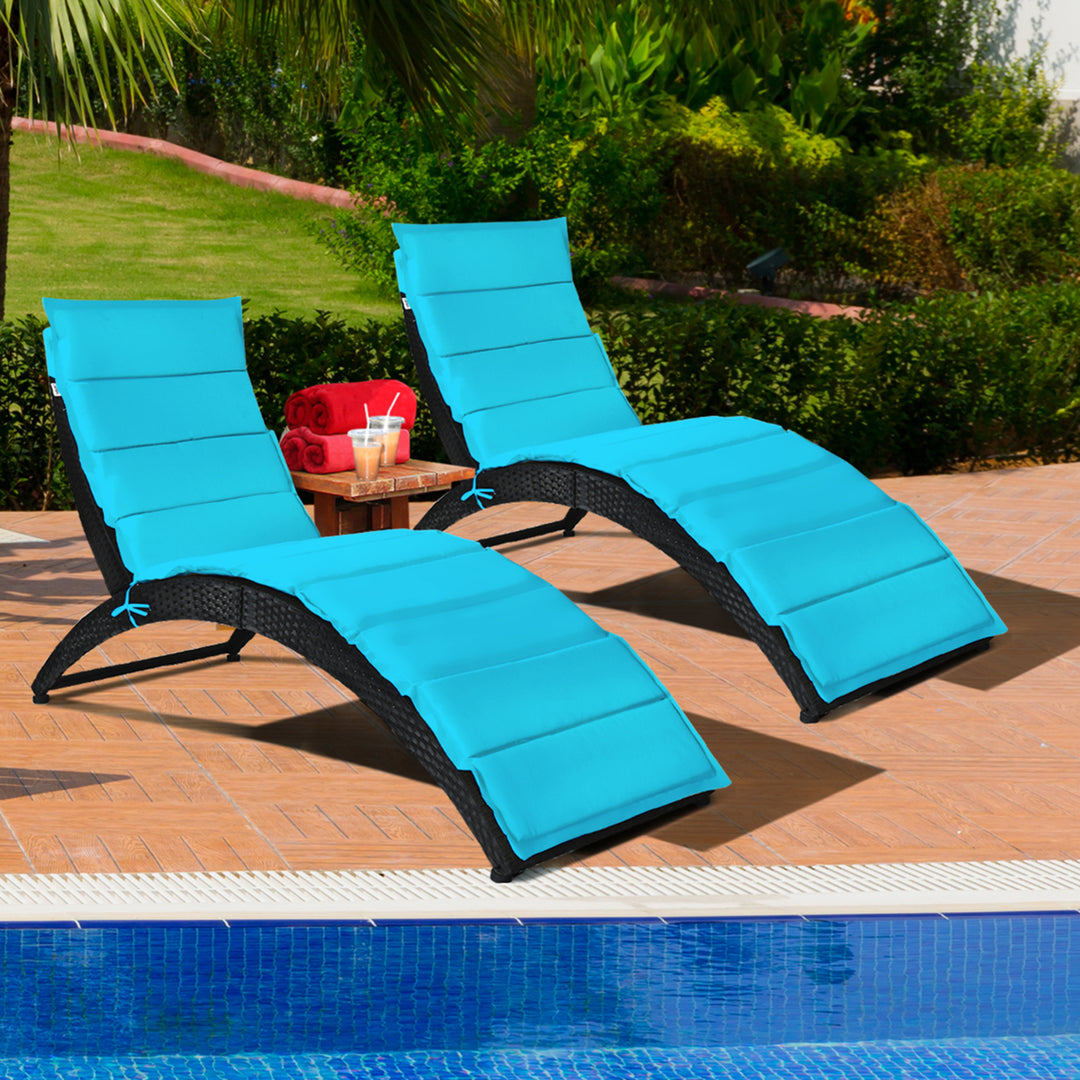 2PCS Foldable Rattan Wicker Chaise Lounge Chair w/ Turquoise Cushion Patio Outdoor Image 1