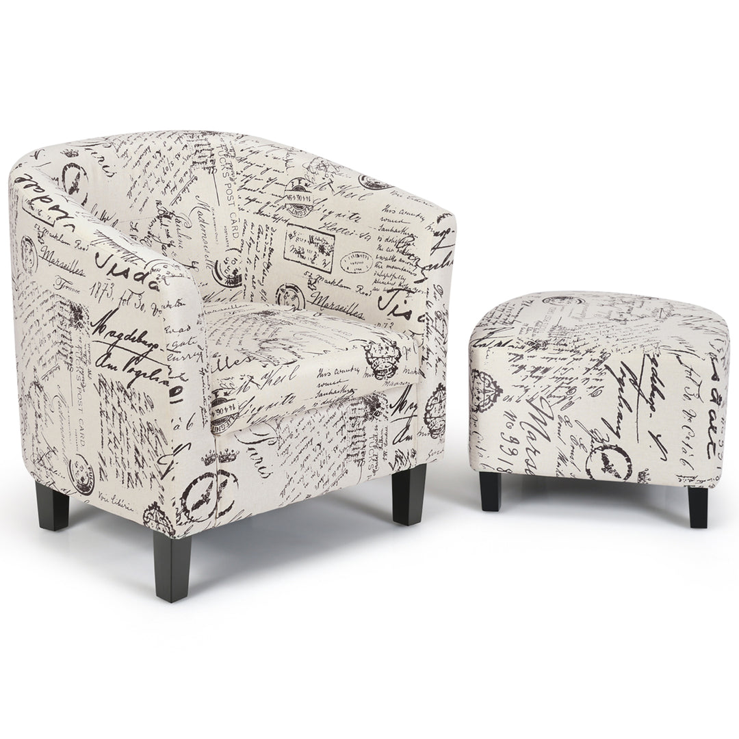 Barrel Modern Accent Tub Upholstered Chair French Print w/ Ottoman Image 6