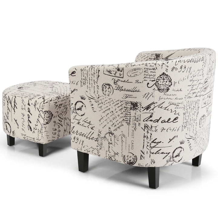 Barrel Modern Accent Tub Upholstered Chair French Print w/ Ottoman Image 7