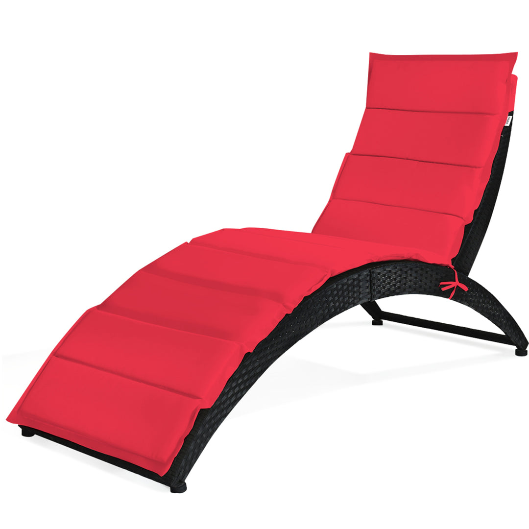 2PCS Foldable Rattan Wicker Chaise Lounge Chair w/ Red Cushion Patio Outdoor Image 2