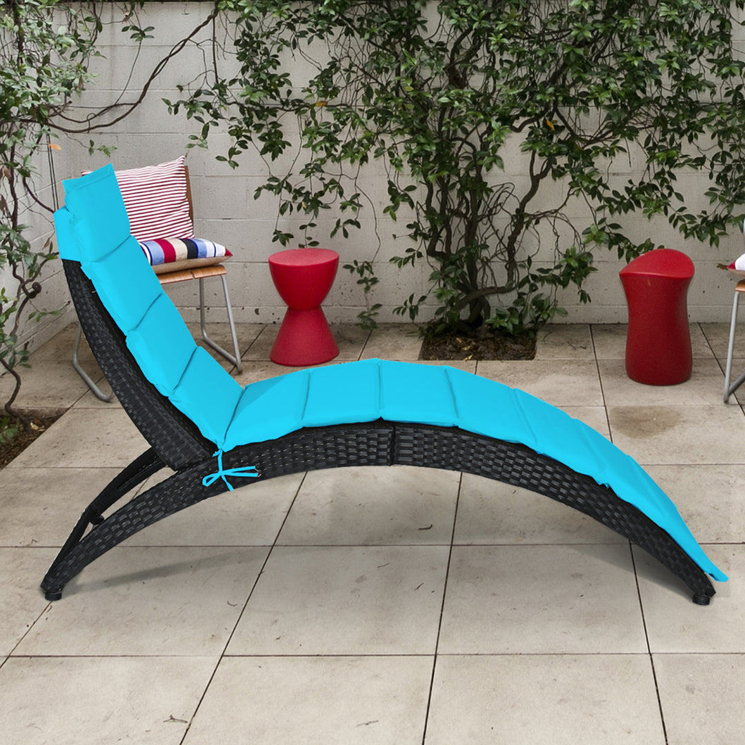 2PCS Foldable Rattan Wicker Chaise Lounge Chair w/ Turquoise Cushion Patio Outdoor Image 4