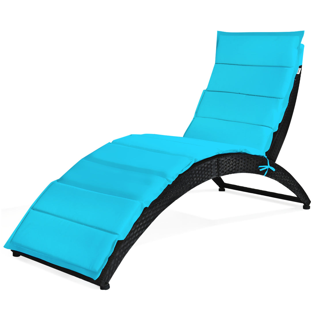 2PCS Foldable Rattan Wicker Chaise Lounge Chair w/ Turquoise Cushion Patio Outdoor Image 2