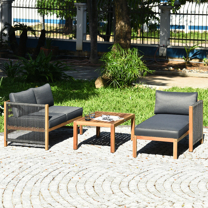 3PCS Patio Acacia Wood Sofa Furniture Set Thick Cushion W/Nylon Rope Armrest Image 1