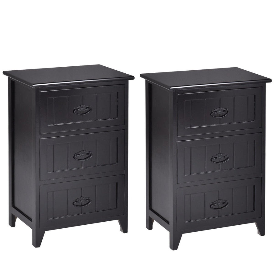 2 PCS 3 Drawers Nightstands End Table Storage Wood Side Bedside Black Image 1