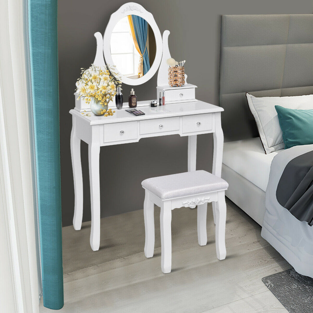 Bedroom Wooden Mirrored Makeup Vanity Set Stool Table Set White 5 Drawers Image 1