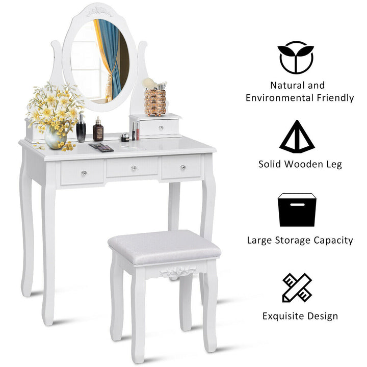 Bedroom Wooden Mirrored Makeup Vanity Set Stool Table Set White 5 Drawers Image 2