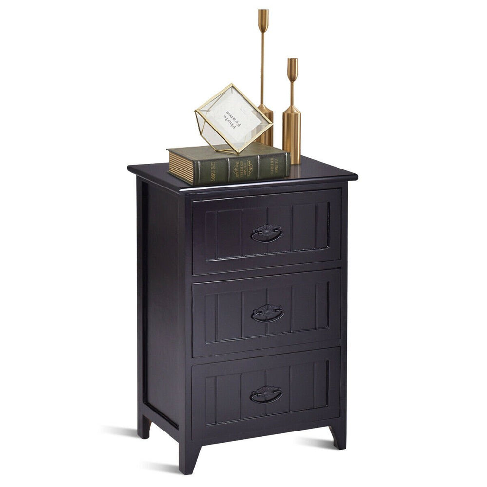 2 PCS 3 Drawers Nightstands End Table Storage Wood Side Bedside Black Image 2