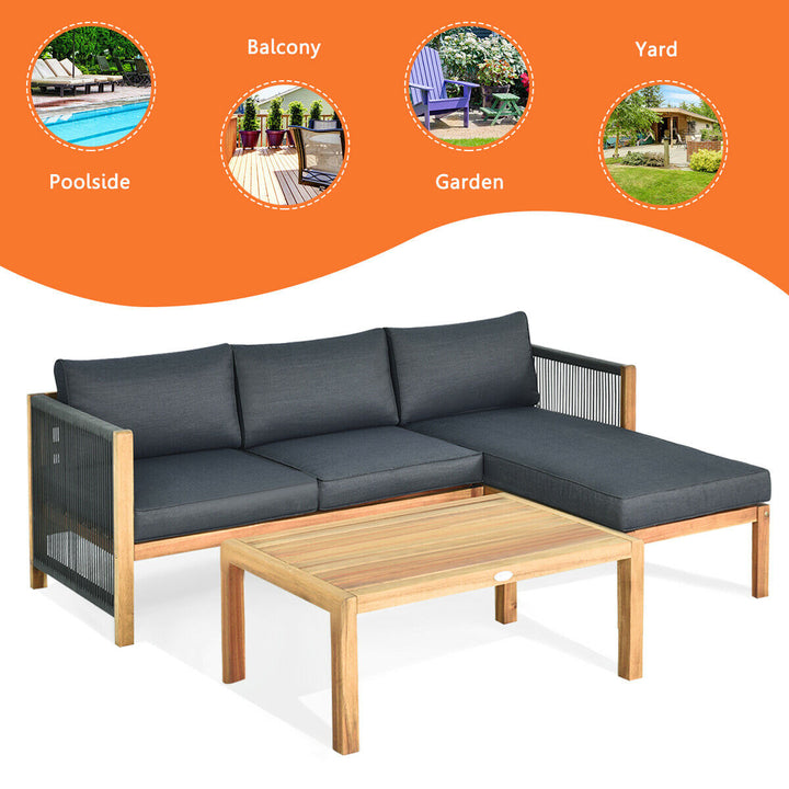 3PCS Patio Acacia Wood Sofa Furniture Set Thick Cushion W/Nylon Rope Armrest Image 6