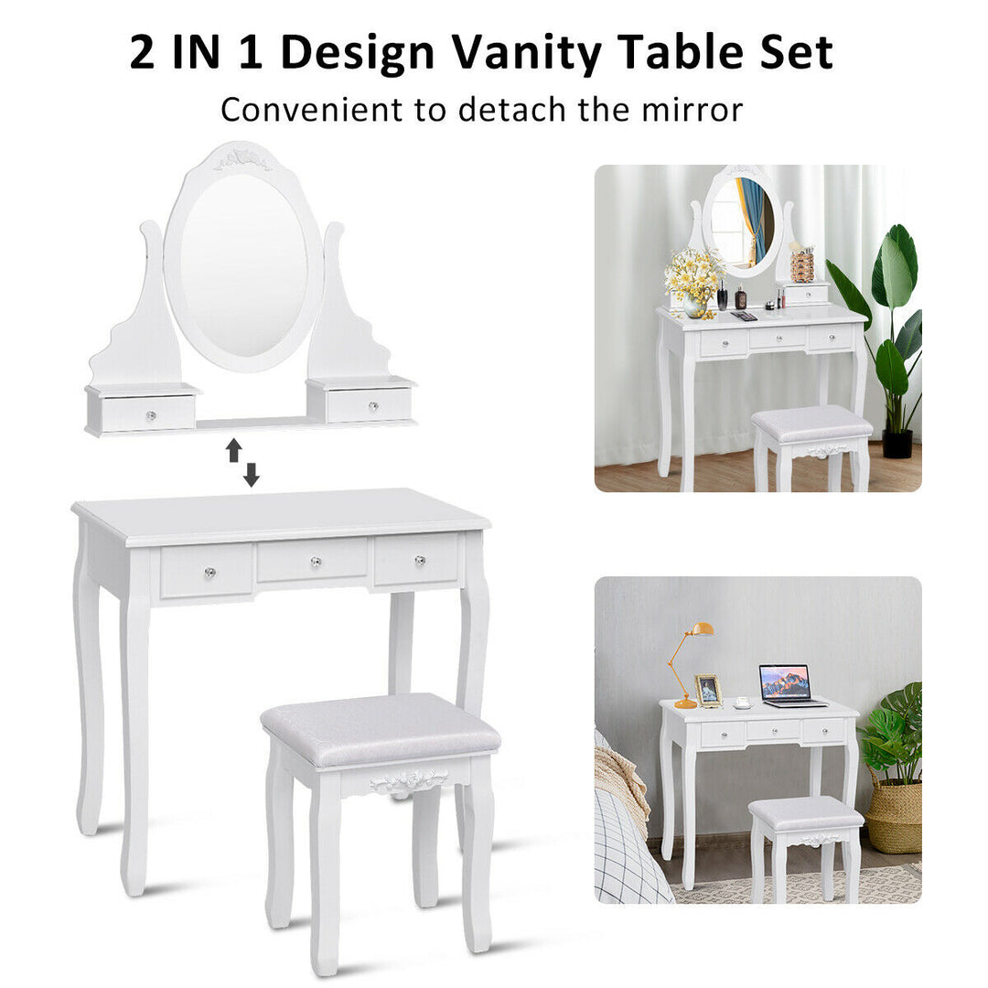 Bedroom Wooden Mirrored Makeup Vanity Set Stool Table Set White 5 Drawers Image 3