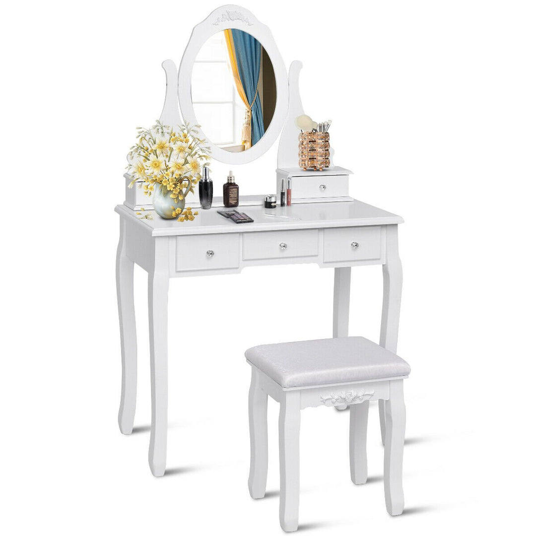 Bedroom Wooden Mirrored Makeup Vanity Set Stool Table Set White 5 Drawers Image 4